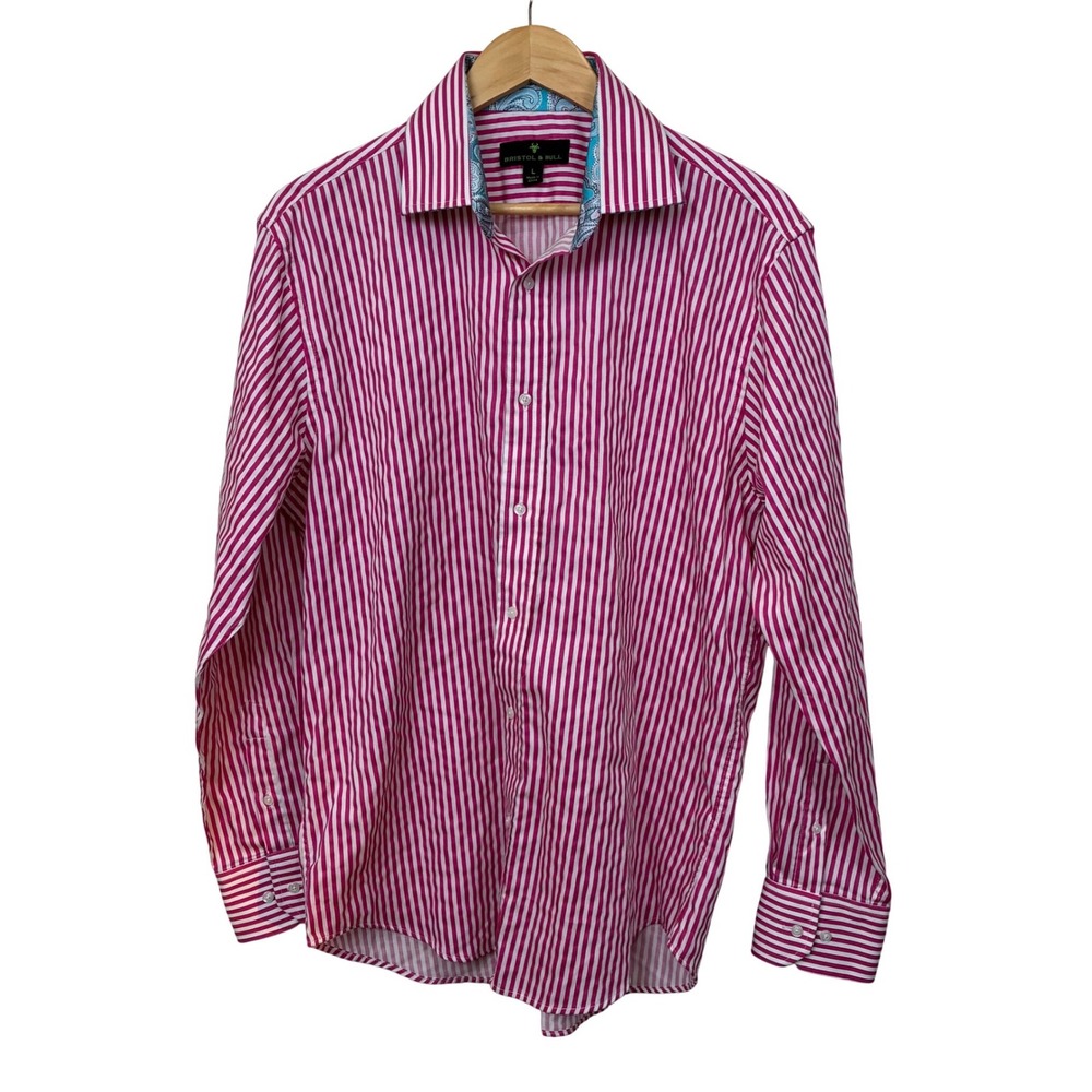 Bristol & Bull Mens Pink White Striped Button Down Shirt Paisley Trim Large